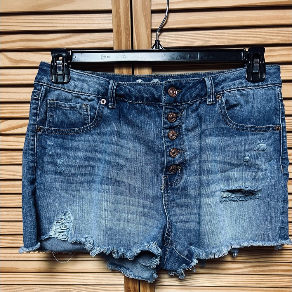 Short short denim blue size 13 jeans distressed fly copper color buttons